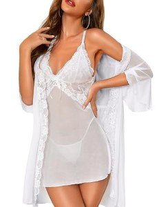Lace Kimono Robe and Babydoll Lingerie Set
