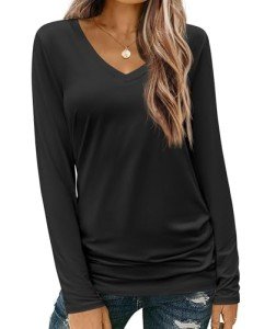 Zeagoo Women's Long Sleeve V Neck T Shirts Casual Tops Basic Tee Shirts Loose Fit Shirt XL Black