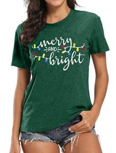 Fawniss Womens Christmas T Shirt Merry and Bright Printed Christmas Tree Graphical Shirt （Green,Medium）