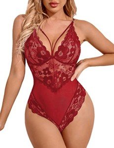 Avidlove Sexy Strappy Lace Bodysuit in Wine Red