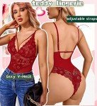 Avidlove Sexy Strappy Lace Bodysuit in Wine Red