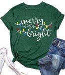 Fawniss Womens Christmas T Shirt Merry and Bright Printed Christmas Tree Graphical Shirt （Green,Medium）