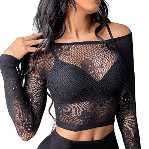 Buitifo Women's Skull Fishnet Crop Top Blouse