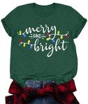 Fawniss Womens Christmas T Shirt Merry and Bright Printed Christmas Tree Graphical Shirt （Green,Medium）