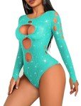 Avidlove Rhinestone Fishnet Long Sleeve Bodysuit