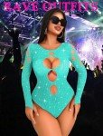 Avidlove Rhinestone Fishnet Long Sleeve Bodysuit