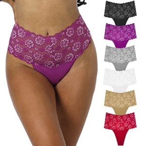 6 Pack High Waist Lace Thongs for Women