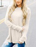 BETTE BOUTIK Womens Round Neck T Shirts Long Sleeve Waffle Knit Loose Fitting Warm Tops Tee Pullover Sweatshirt Beige Large