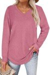 WIHOLL V Neck T Shirts for Women Fashion Cuff Sleeve Sweatshirt Rose Pink L