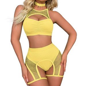 Yellow Cutout Fishnet Top & Shorts Set
