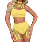 Yellow Cutout Fishnet Top & Shorts Set