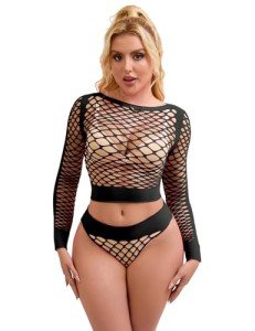Plus Size Fishnet Lingerie Bodysuit Set in Black