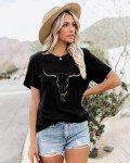 VILOVE Cowgirl Shirts for Women Boho Cow Skull Shirt Vintage Western Rodeo Graphic Tee Short Sleeve Bull Skull Top Black