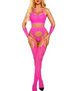 Fluorescent Pink Fishnet Lingerie Set with Garter