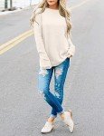 BETTE BOUTIK Womens Round Neck T Shirts Long Sleeve Waffle Knit Loose Fitting Warm Tops Tee Pullover Sweatshirt Beige Large