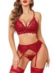 Avidlove Women's Lace Garter Lingerie Set - Dark Red