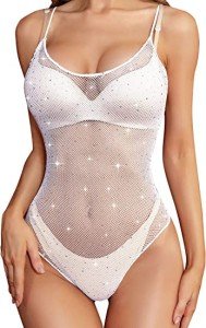 Sparkle Rhinestone Fishnet Teddy Bodysuit for Women