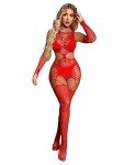 Red Fishnet Bodysuit & Gloves Set for Women