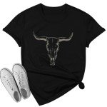 VILOVE Cowgirl Shirts for Women Boho Cow Skull Shirt Vintage Western Rodeo Graphic Tee Short Sleeve Bull Skull Top Black