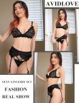 Avidlove Lace Bra, Panty & Garter Set – Black