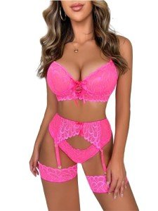 Pink Lace Lingerie Set with Garter Belt