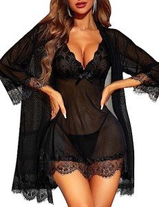 RSLOVE Women's Lace Babydoll Lingerie Set - Black XL