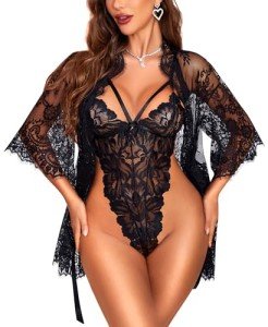 RSLOVE Women's Lace Kimono Robe and Teddy Set