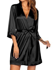 Ekouaer Women's Short Satin Lace Trim Robe