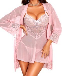 RSLOVE 3 Piece Lace Babydoll Robe Set