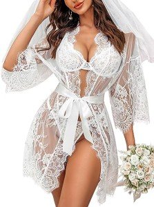 Women's Lace Kimono Robe and Mesh Nightgown