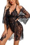 Avidlove Women's Black Lace Teddy and Kimono Set