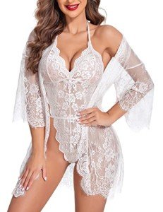 Avidlove Deep V Lace Teddy and Kimono Set