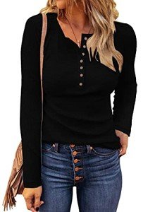 WNEEDU Women's Waffle Knit Tops Button Down V Neck Tunic Long Sleeve Henley Shirts 2024 New Casual Blouses Pure Black M