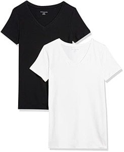 Amazon Essentials Women's 2-Pack Classic-Fit Short-Sleeve V-Neck T-Shirt, Black/White, Large