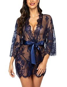 Avidlove Women's Lace Kimono Robe in Navy Blue