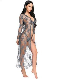 LOMON Women's Sheer Lace Kimono Robe - Gray