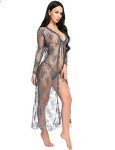 LOMON Women's Sheer Lace Kimono Robe - Gray