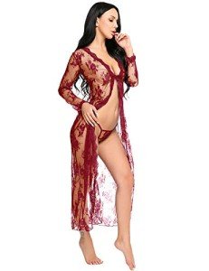 Wine Red Sheer Lace Gown and Kimono Robe
