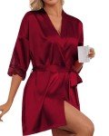 Ekouaer Women's Lace Satin Kimono Nightwear, Wine Red