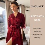 Ekouaer Women's Lace Satin Kimono Nightwear, Wine Red