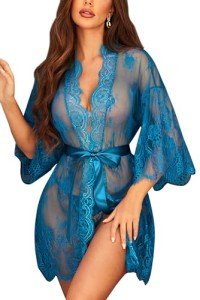 Avidlove Women's Lace Kimono Nightgown in Peacock Blue