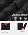 WNEEDU Women's Waffle Knit Tops Button Down V Neck Tunic Long Sleeve Henley Shirts 2024 New Casual Blouses Pure Black M