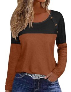 Zeagoo Womens Waffle Knit Shirts Casual Crewneck Long Sleeve Tunics Tops Colorblock Tunics Blouses Winter Casual Loose Tops Fall Tops,Caramel XL