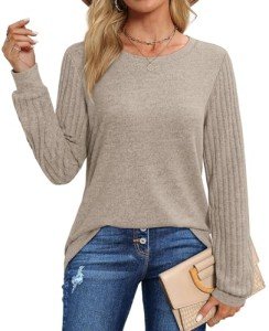 Jescakoo Long Sleeve Shirt Women Fall Round Neck Tunic Tops Stripes Casual Clothes Trendy 2024 Coffee M