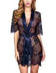 Avidlove Floral Lace Kimono Nightgown - Navy Blue