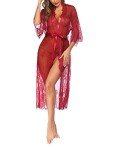 Avidlove Women's Sheer Lace Kimono Nightgown - Wine Red