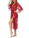 Avidlove Women's Sheer Lace Kimono Nightgown - Wine Red