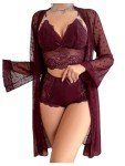 Verdusa Women's Floral Lace Lingerie Set with Kimono