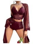 Verdusa Women's Floral Lace Lingerie Set with Kimono