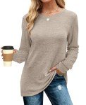 Jescakoo Long Sleeve Shirt Women Fall Round Neck Tunic Tops Stripes Casual Clothes Trendy 2024 Coffee M
